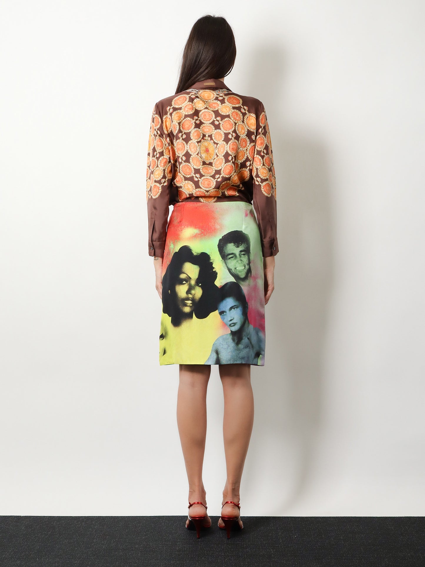 Printed silk twill midi skirt
