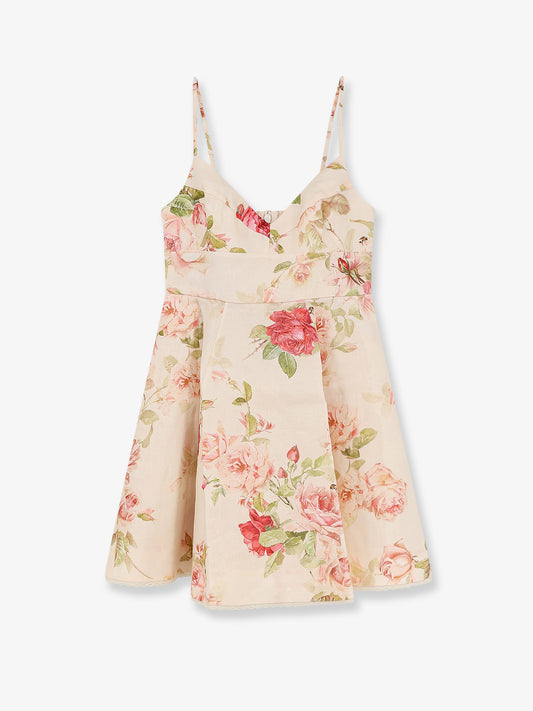 Roselight short linen dress with floral print