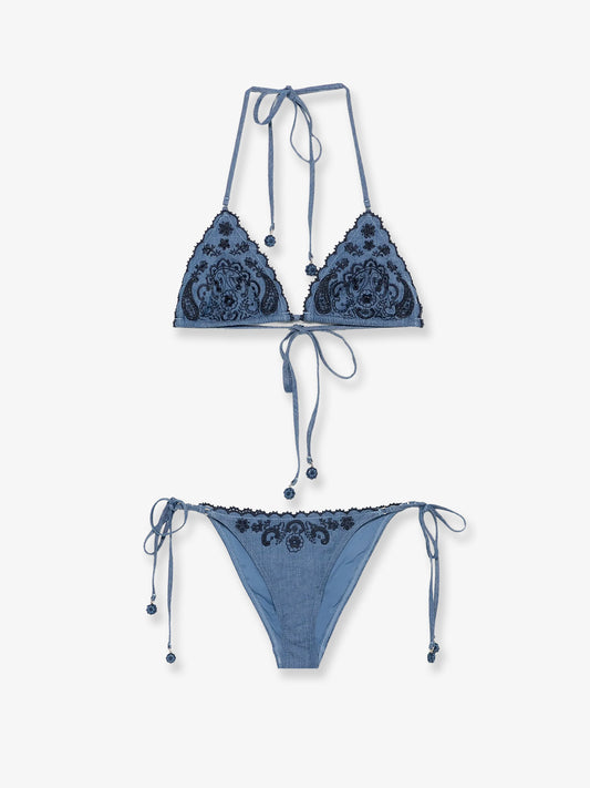 Aster denim bikini with all-over embroidery