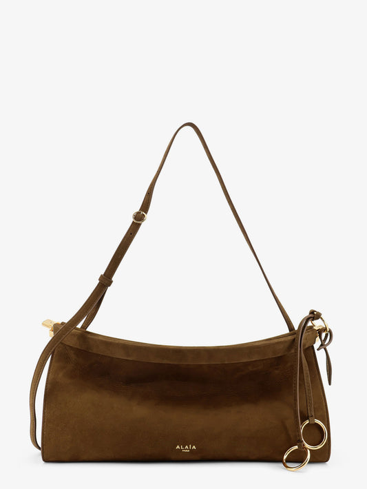 East West leather shoulder bag with engraved logo lettering
