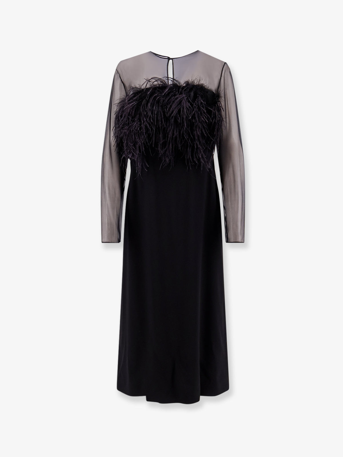 Long viscose dress with front feather detail