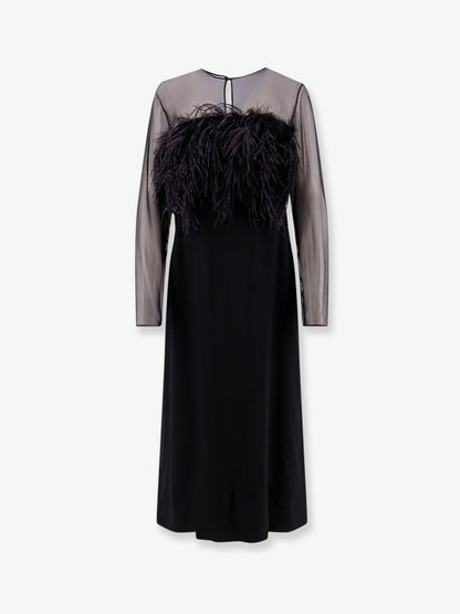 Long viscose dress with front feather detail thumbnail