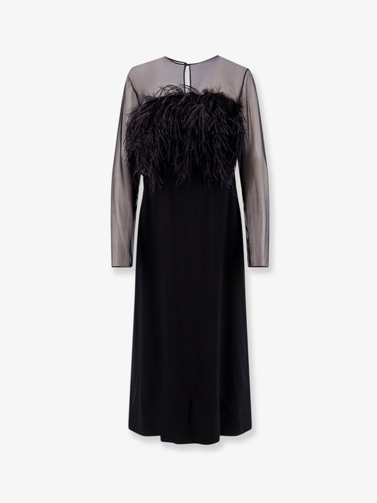 Long viscose dress with front feather detail