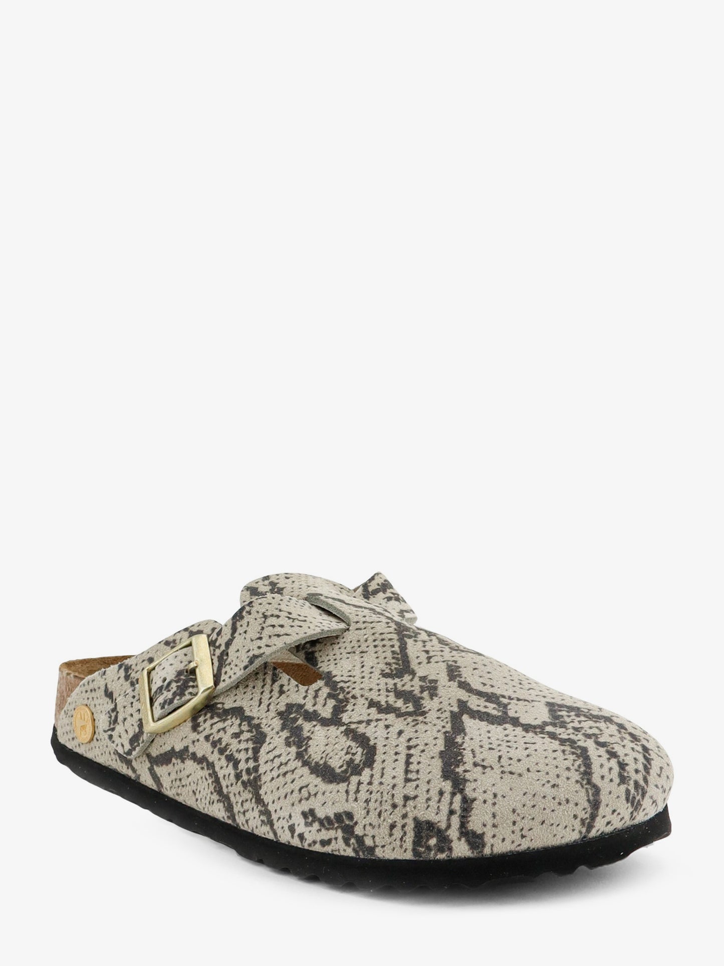 Boston suede sabot with python print