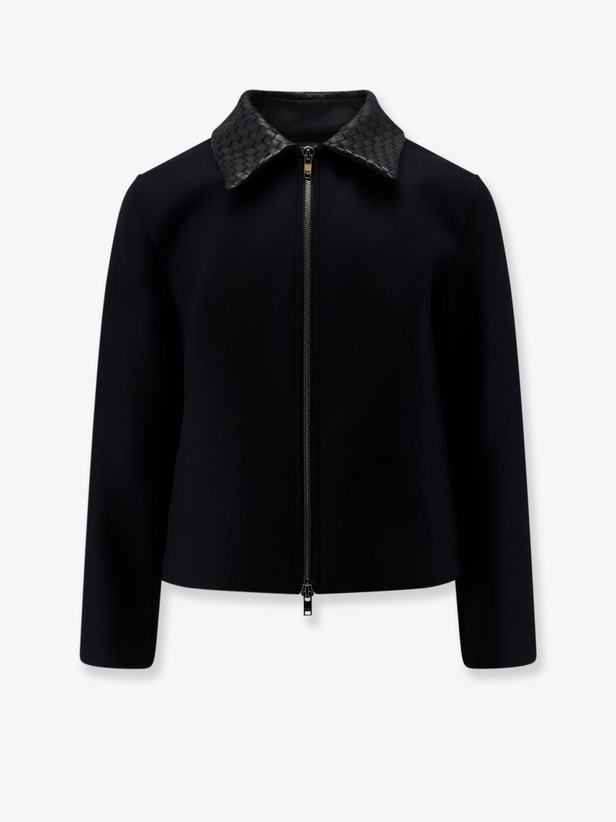 Wool jacket with leather collar with Intrecciato motif