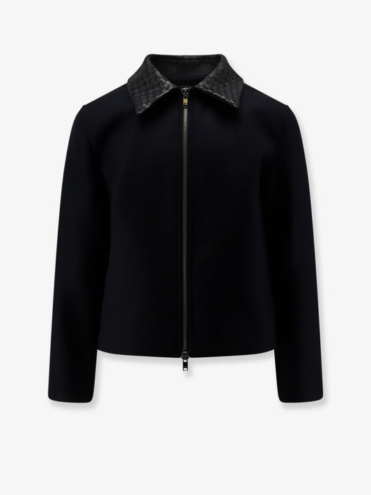Wool jacket with leather collar with Intrecciato motif