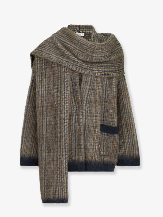 Mohair, polyamide and wool blend cardigan with an integrated scarf