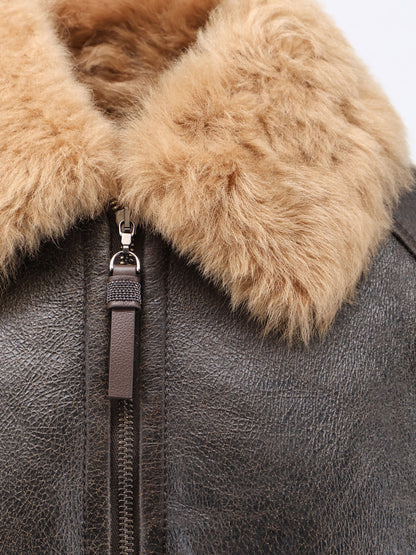 Leather jacket with shearling collar thumbnail
