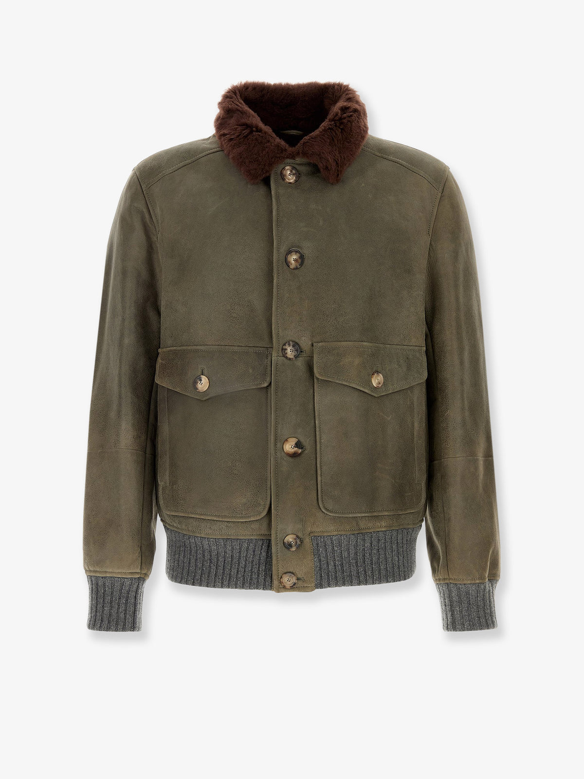 Waxed shearling bomber jacket with shearling collar