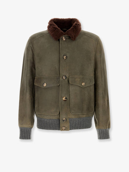 Waxed shearling bomber jacket with shearling collar thumbnail