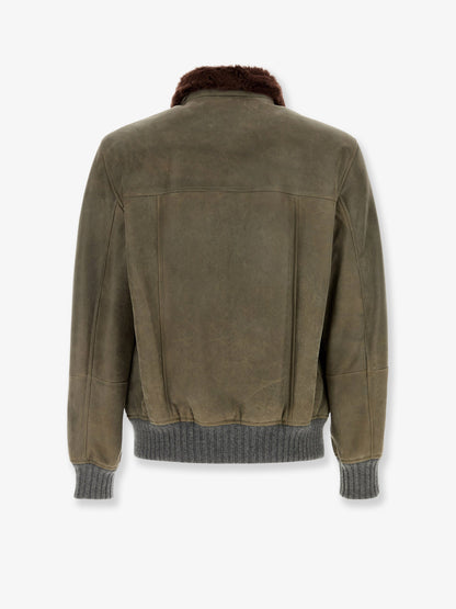 Waxed shearling bomber jacket with shearling collar thumbnail