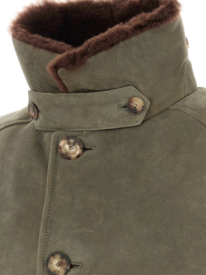 Waxed shearling bomber jacket with shearling collar thumbnail