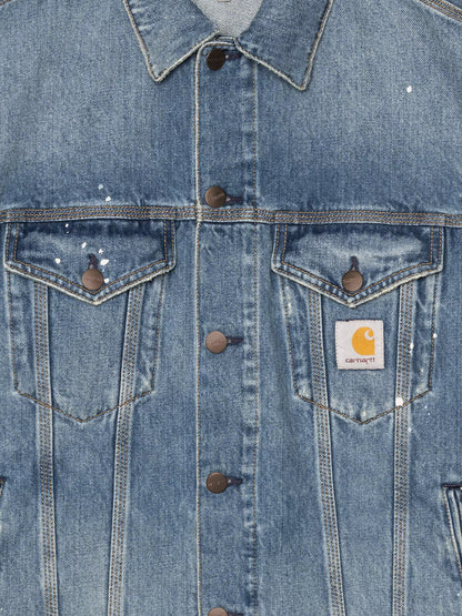 Blue denim jacket with distressed effect thumbnail