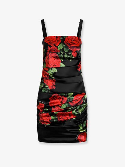 Short satin dress with rose print thumbnail
