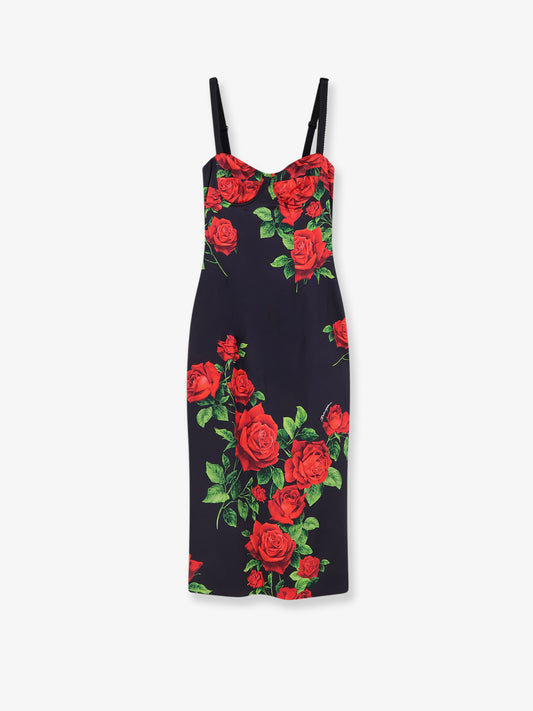 Stretch silk dress with iconic Rose print