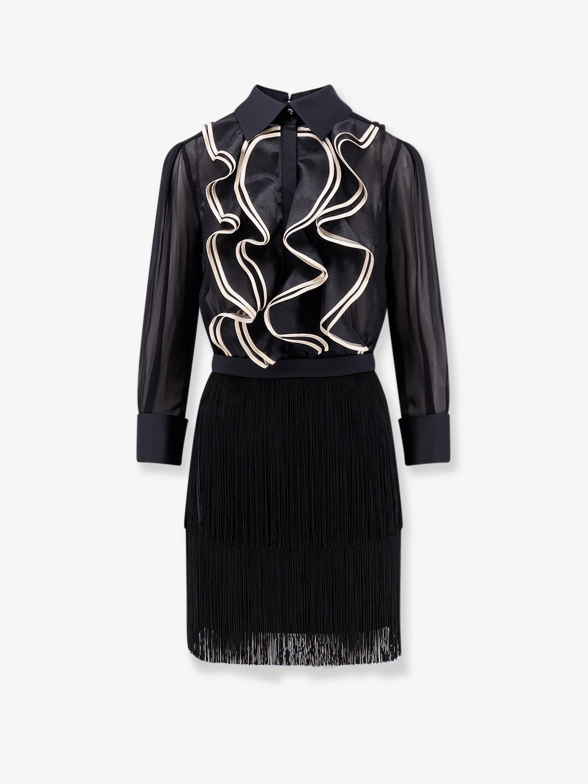 Viscose dress with ruffles and fringe