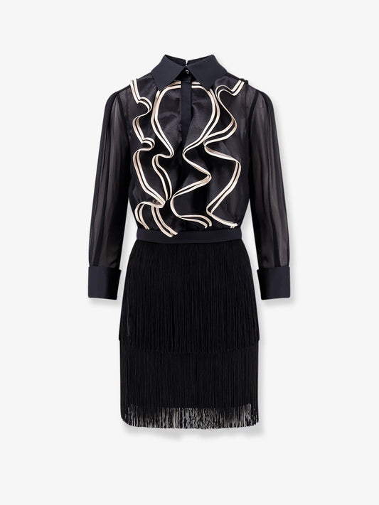 Viscose dress with ruffles and fringe