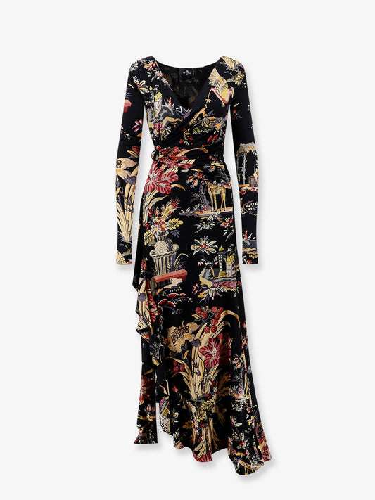 Stretch viscose long dress with multicolor print