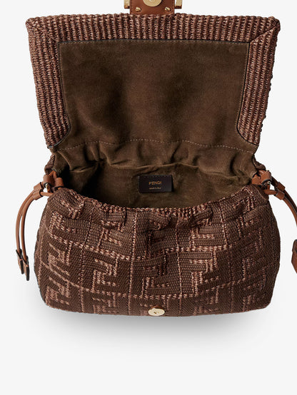 Mamma Baguette Medium Raffia Handbag with FF Embroidery thumbnail