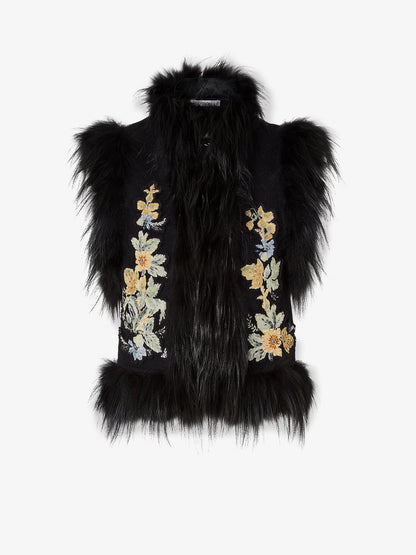 Wool vest with floral embroidery and fox fur trim thumbnail