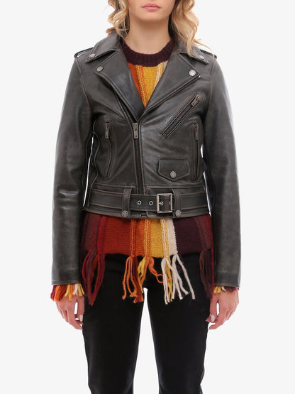 Slim fit Destiny lived-in effect leather biker thumbnail