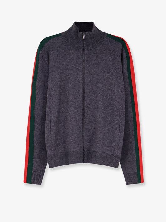 Cardigan in lana fine con full zip e nastro Web
