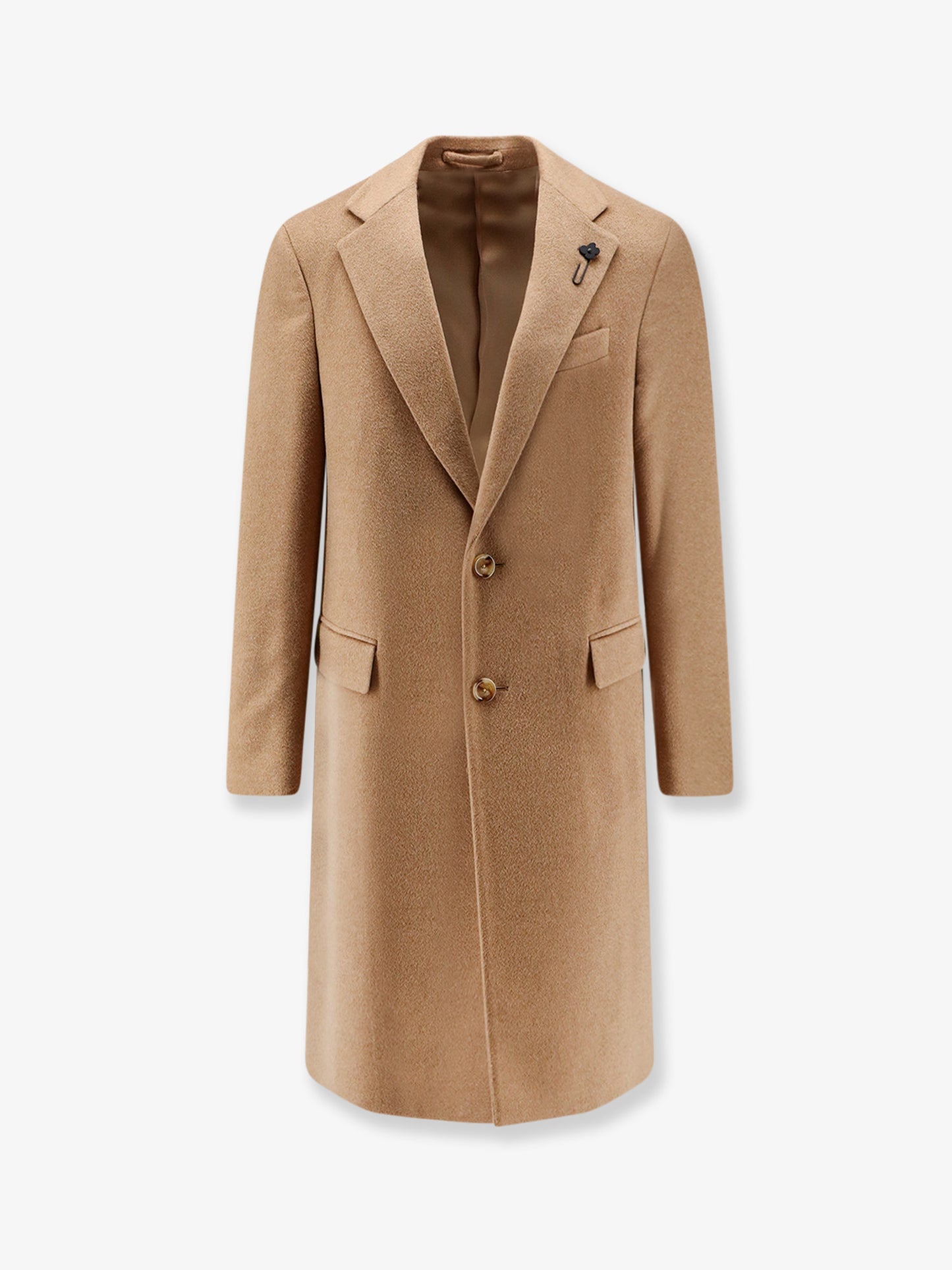 Camel hair coat with iconic brooch