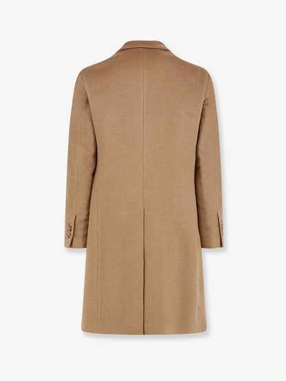 Camel hair coat with iconic brooch thumbnail