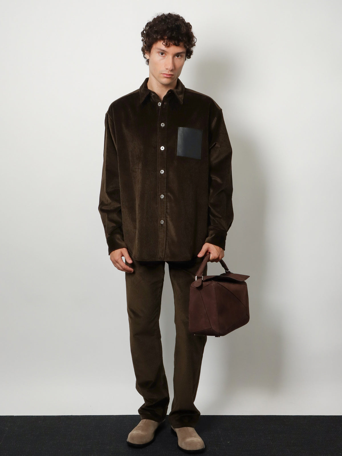Corduroy shirt with leather pocket