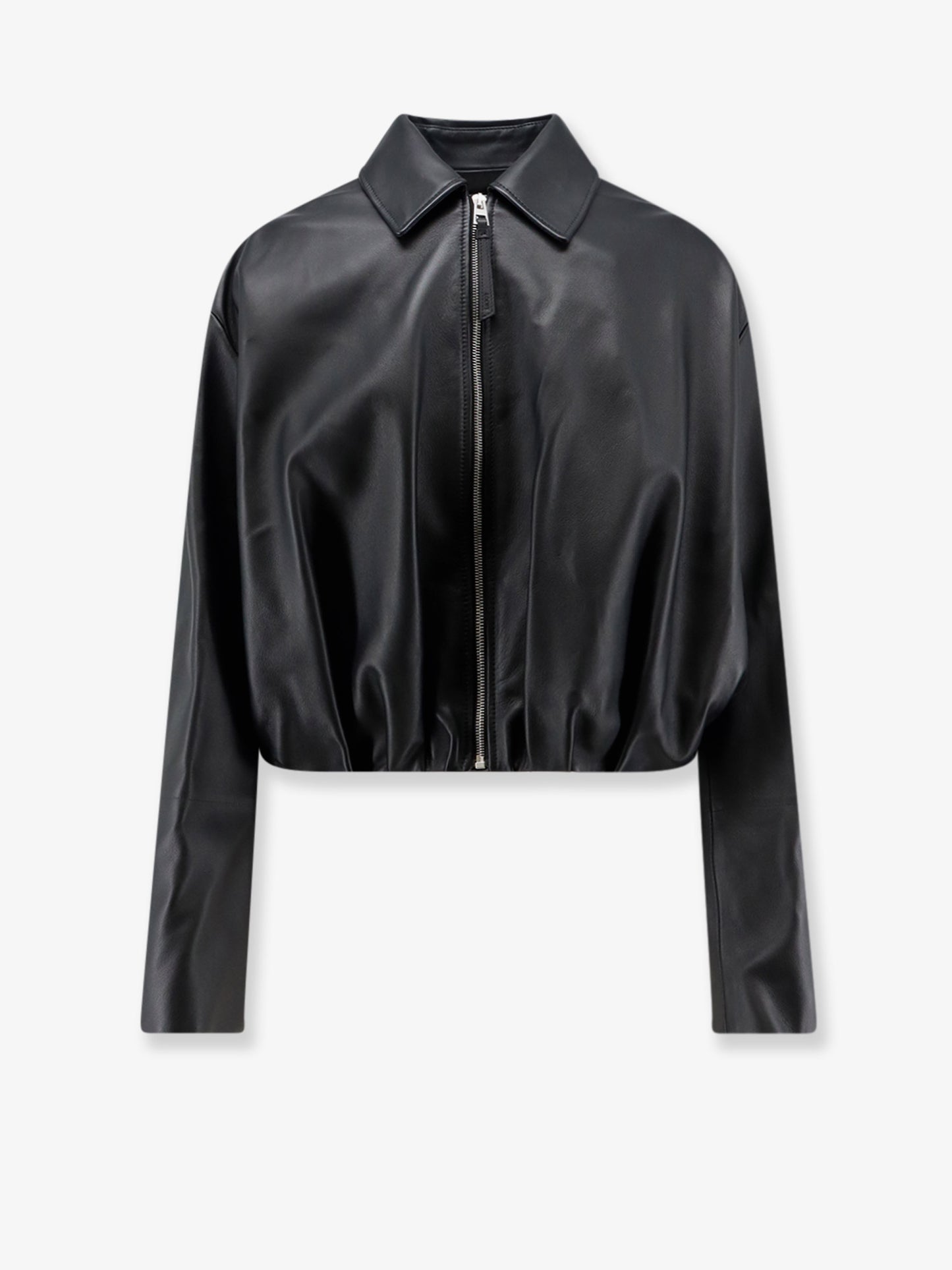 Cropped leather jacket with back logo patch