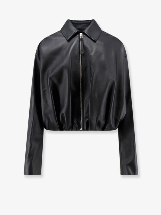 Cropped leather jacket with back logo patch