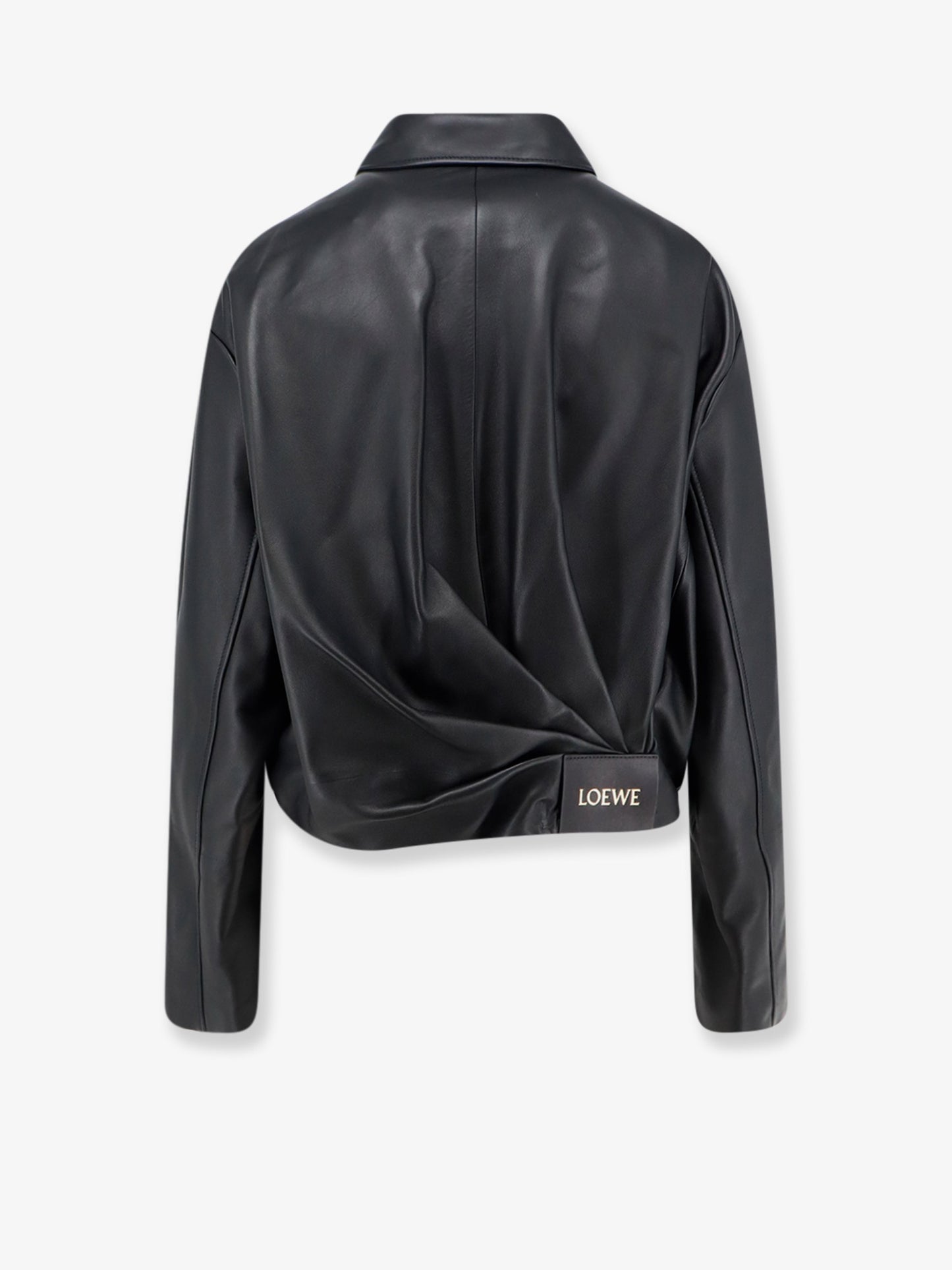 Cropped leather jacket with back logo patch