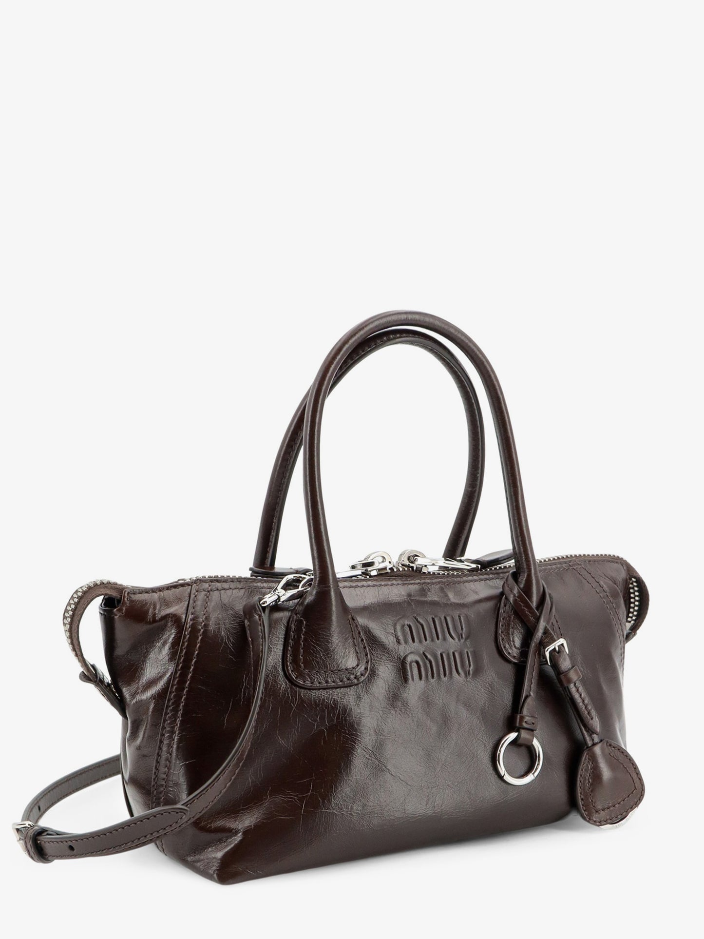 Leather handbag with embossed lettering logo