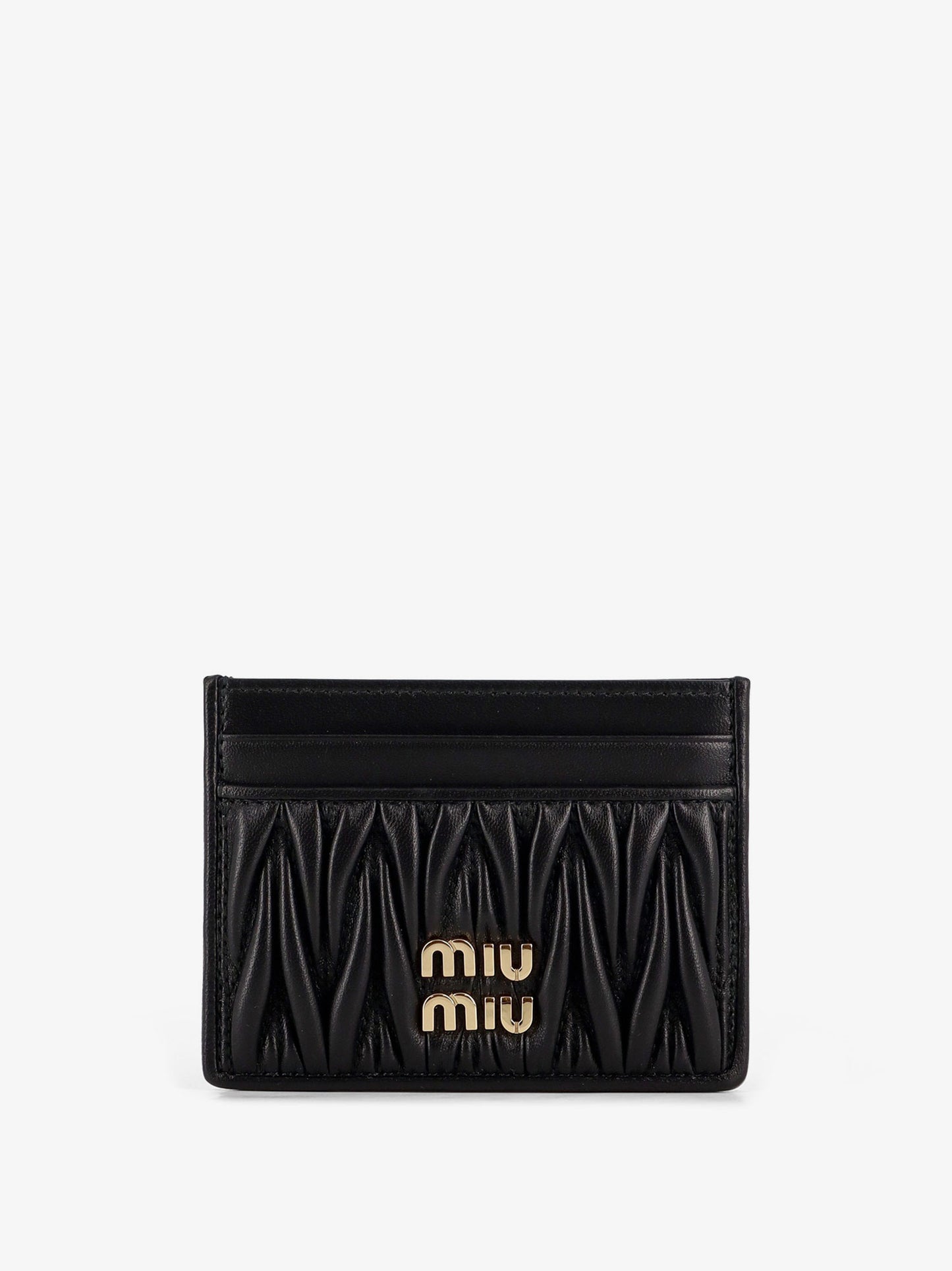 Quilted leather card holder with metal lettering logo