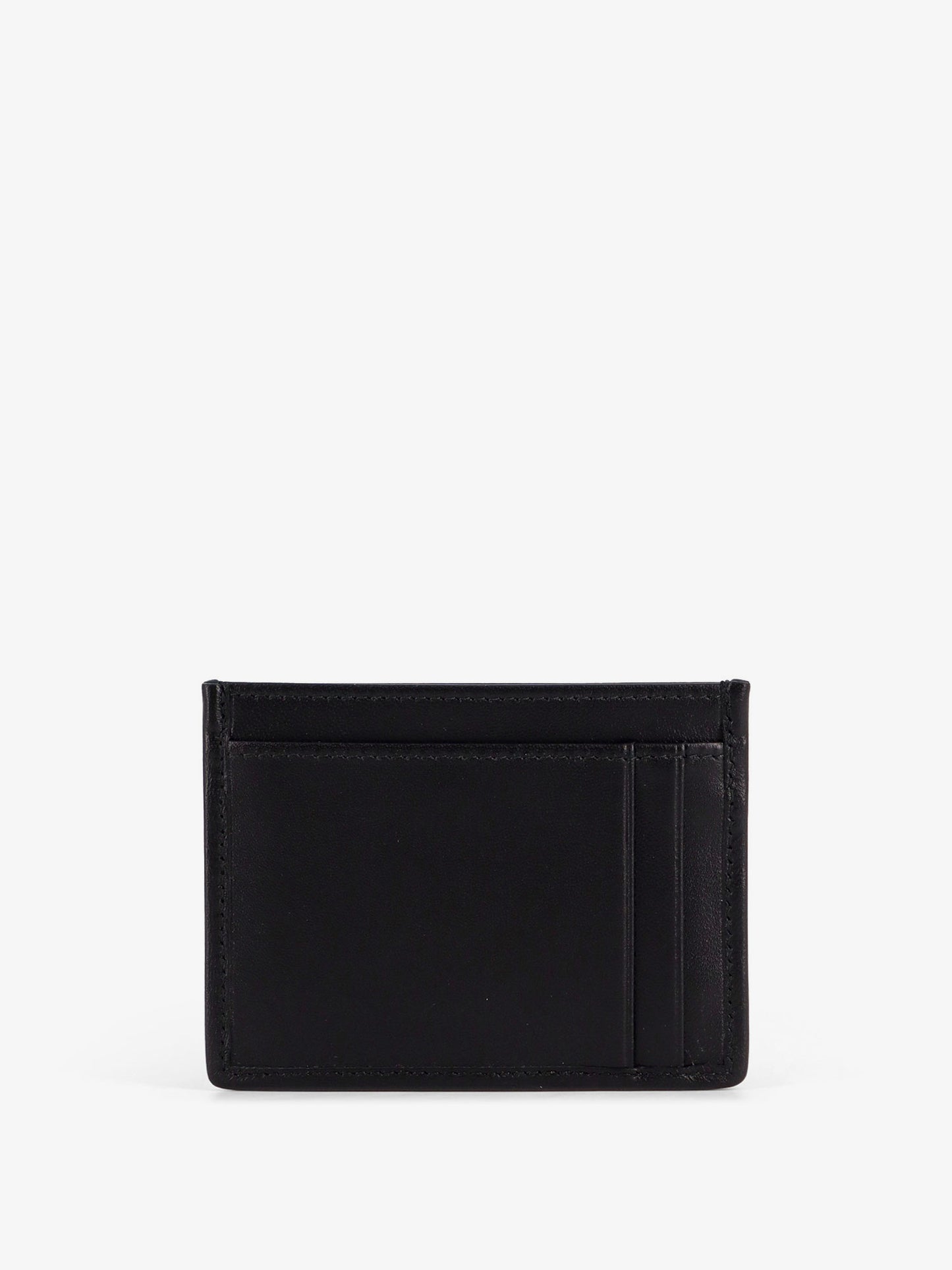 Quilted leather card holder with metal lettering logo