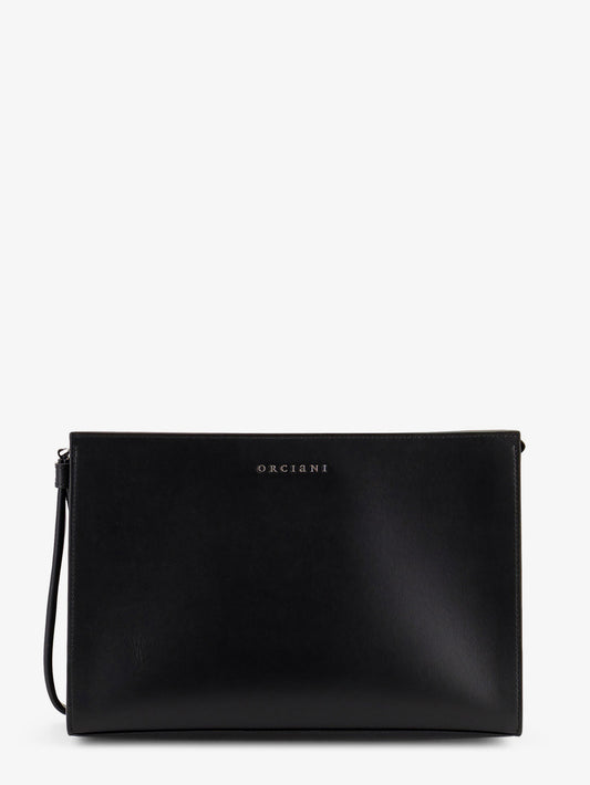 Leather clutch bag with metal lettering logo