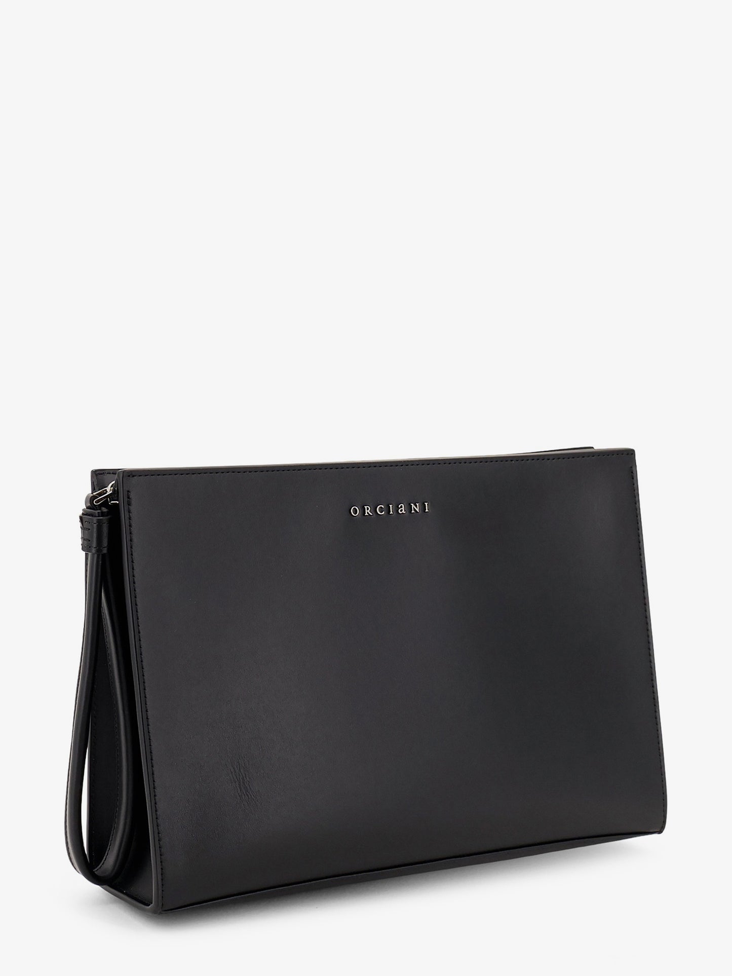 Pochette in pelle con logo lettering in metallo