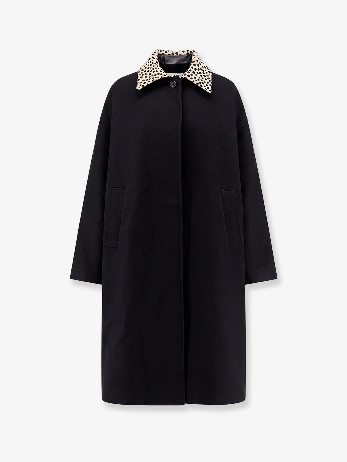 Wool coat with cheetah-print calf hair collar