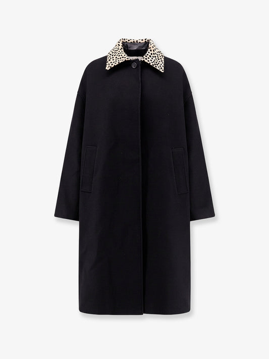 Wool coat with cheetah-print calf hair collar