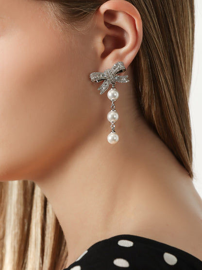 Crystal Bow Pearl Droplet Earrings thumbnail