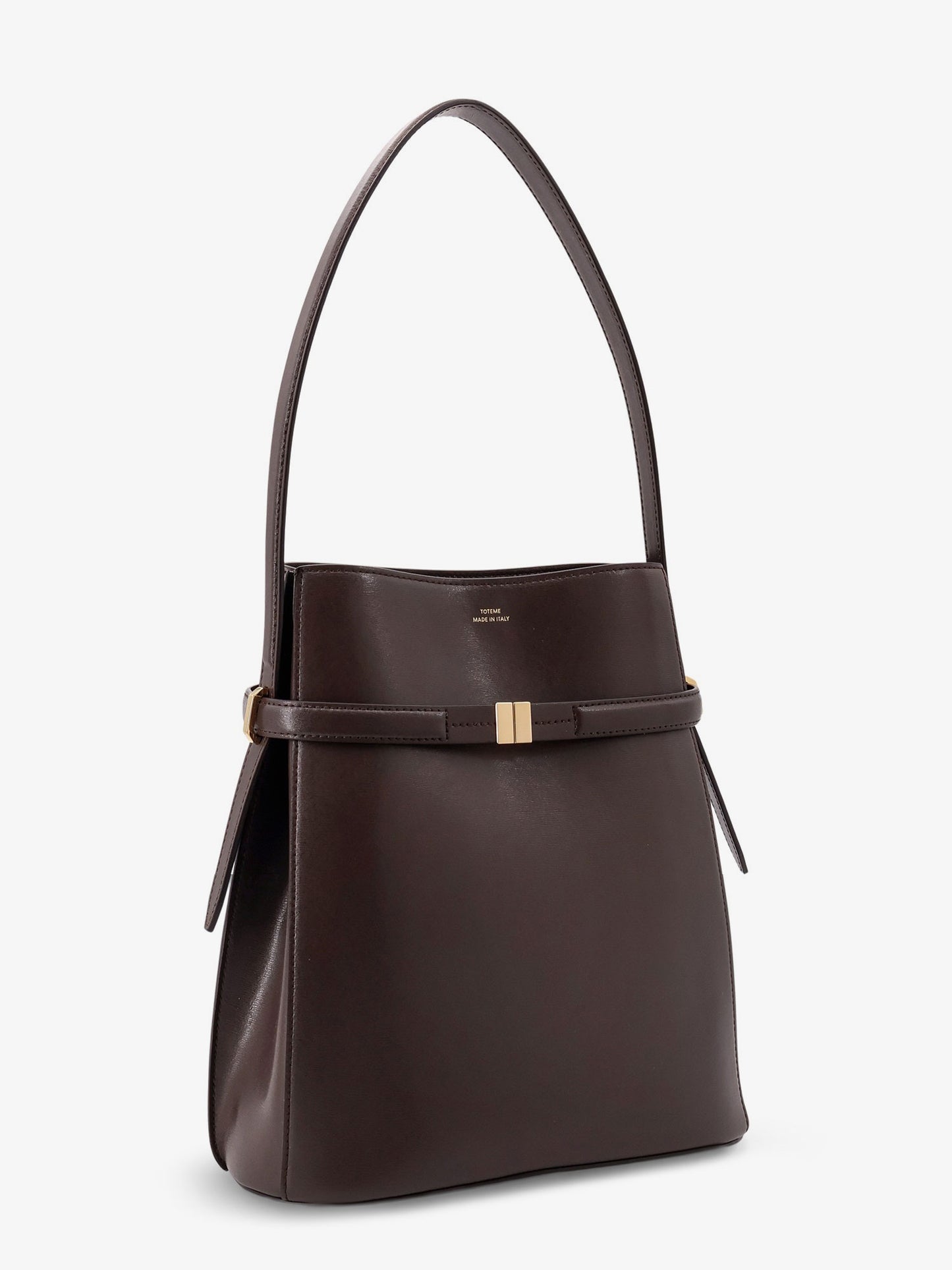 Belted leather bucket bag
