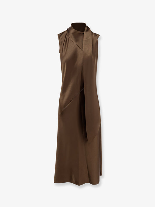 Long satin dress with integrated scarf