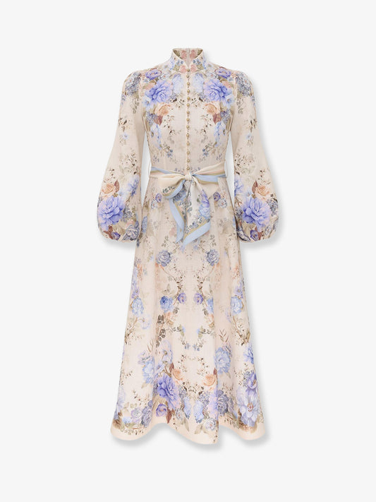 Clash linen midi dress with floral print